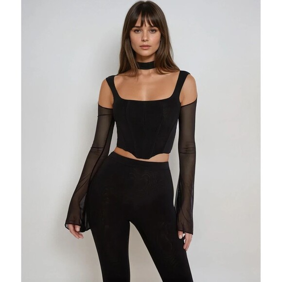 House of CB Paulina Cut Out Bell Sleeve Mesh Corset Top Size L Black High Collar - Picture 1 of 8